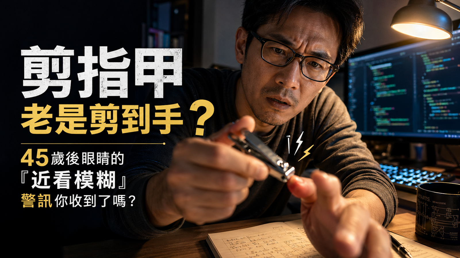 工程師半夜近看模糊剪指甲的情境