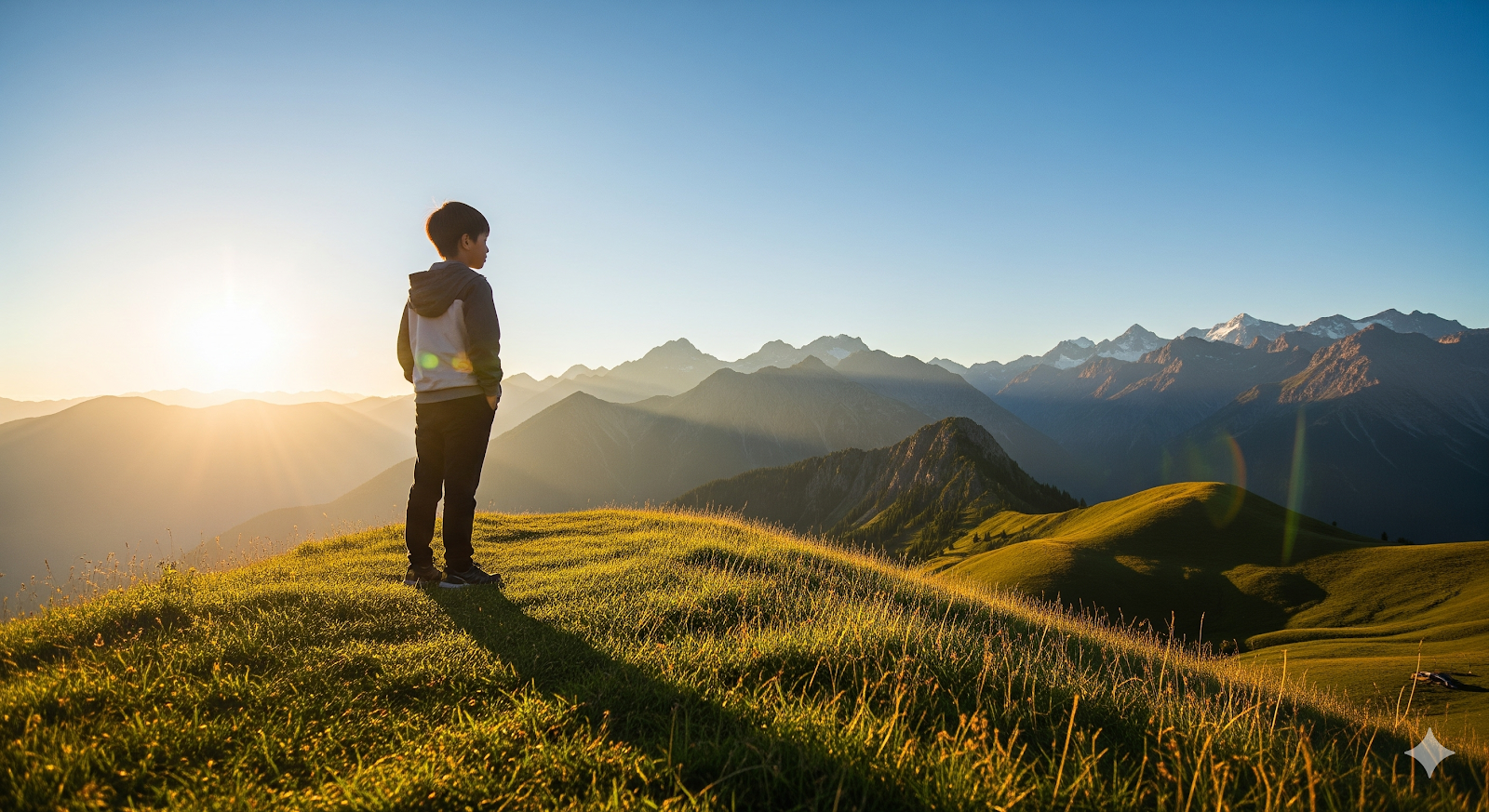 孩子站在山巒前望向夕陽遠方，象徵戶外活動與望遠休息的重要性