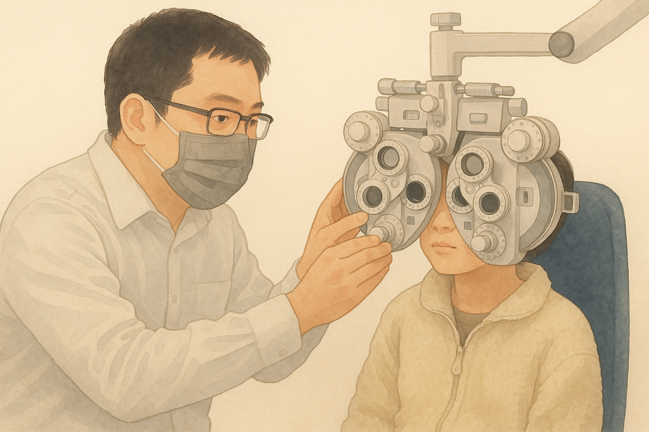 三峽自己的眼鏡門市驗光師正溫柔地為孩子進行視力檢查，象徵著專業與信任的傳承。
