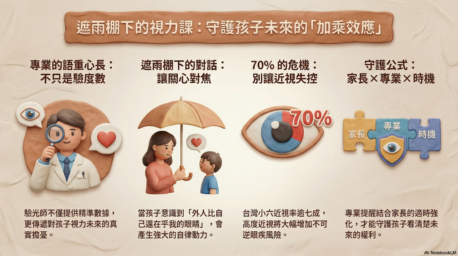 兒童視力守護資訊圖表 - 加乘效應公式：家長×專業×時機
