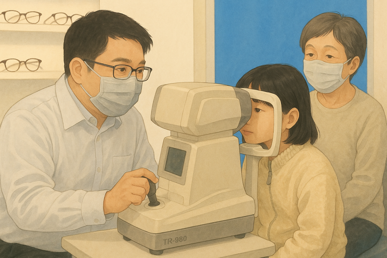 溫暖插畫：奶奶與孫子進入三峽眼鏡店，象徵著跨代間的信任與專業的傳承。