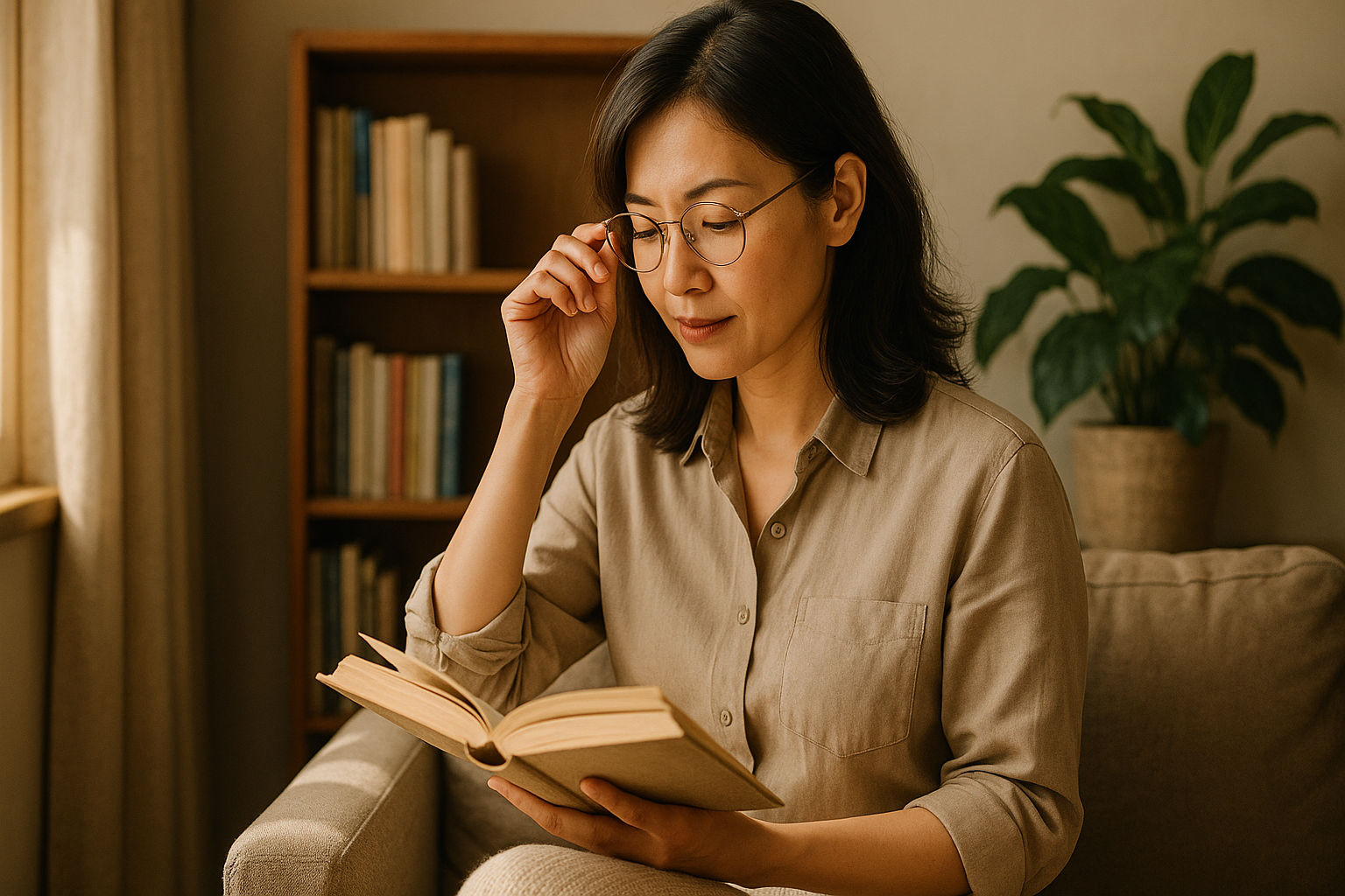 台灣知性女子坐在窗邊閱讀書本，佩戴老花眼鏡，神情專注