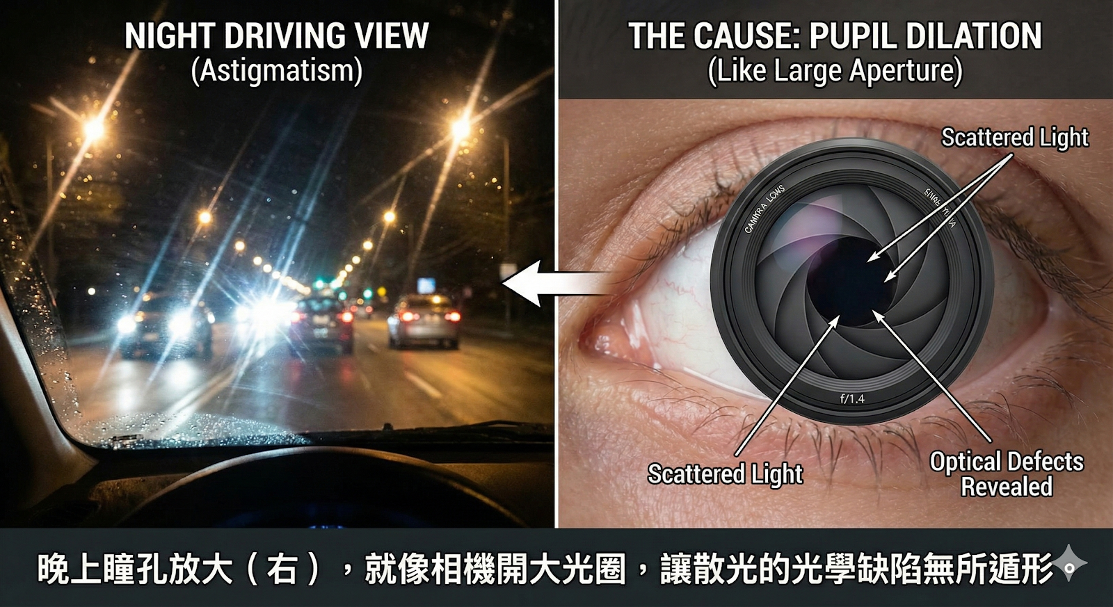 左右對照圖：左側是散光患者夜間開車的眩光視野；右側是人眼圖解，顯示瞳孔放大如同相機大光圈，導致光線散射、光學缺陷暴露的機制。