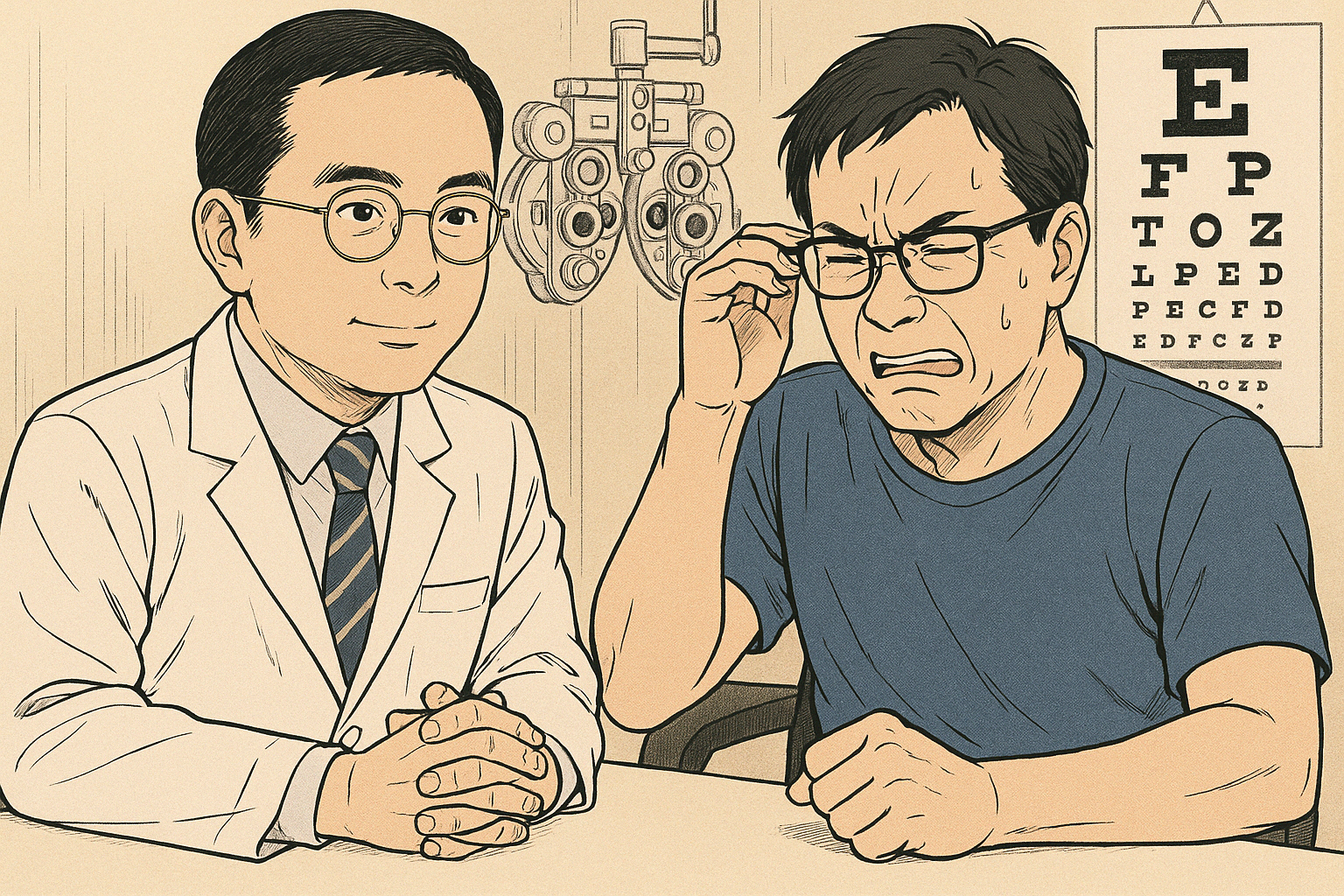 日系漫畫風格的驗光室場景，驗光師與中年男士討論老花視力問題，背景有視力表與儀器。